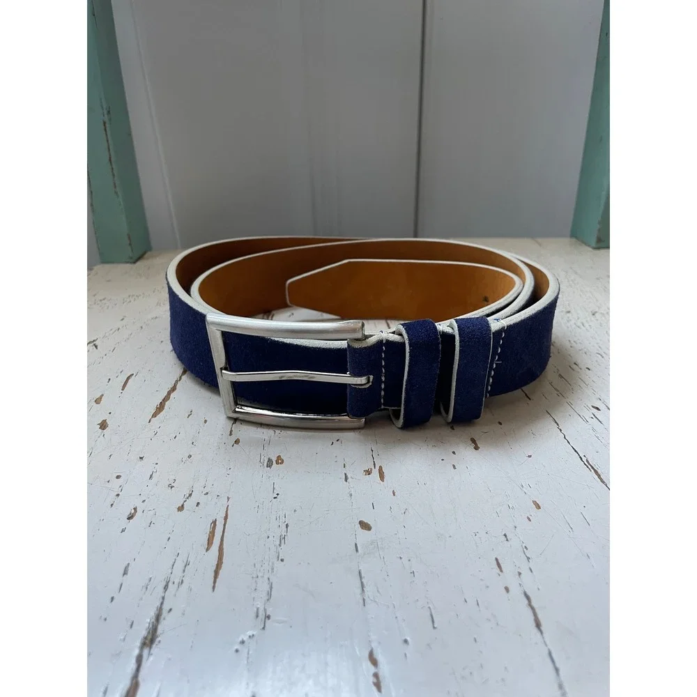 Patrick James Mens Navy Blue Suede Italian Leather Belt Made in USA Size 42